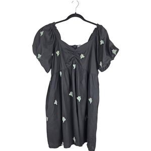 Arula Black Babydoll Puff Sleeve Cactus Embroidered Mini Dress Size‎ X 10/12